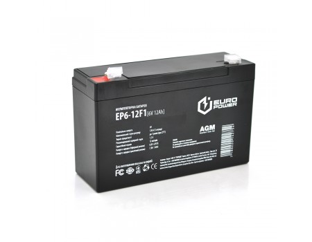 Аккумуляторная батарея EUROPOWER AGM EP6-12F1 6 V 12 Ah ( 150 x 50 x  95 (100) )  Black