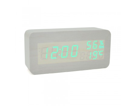 Електронний годинник VST-862S Wooden (White), з датчиком температури та вологості, будильник, живлення від кабелю USB, Green Light