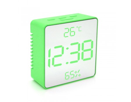 Електронний годинник VST-887Y Дзеркальний дисплей, з датчиком температури та вологості, будильник, живлення від кабелю USB, Green