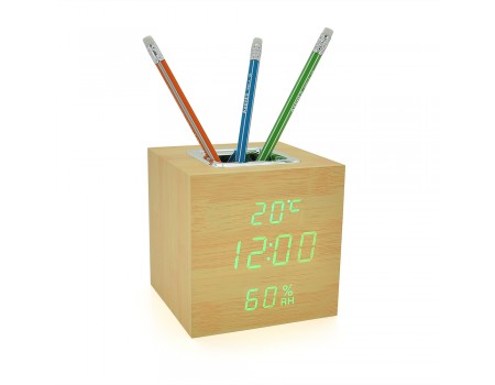 Електронний годинник VST-878S Wooden (Yellow), з датчиком температури та вологості, будильник, живлення від кабелю USB, Green Light