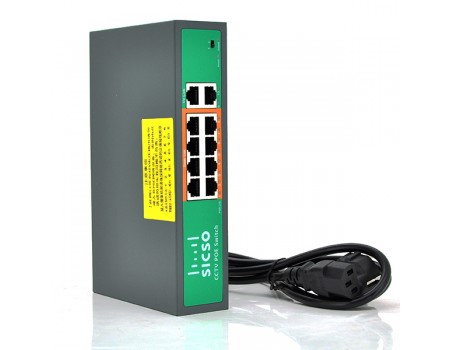 Комутатор POE SICSO 48V з 8 портами POE 100Мбит + 2 порт Ethernet (UP-Link) 100Мбит, c посиленням сигналу до 250м, корпус -метал, Silver, БП вбудований