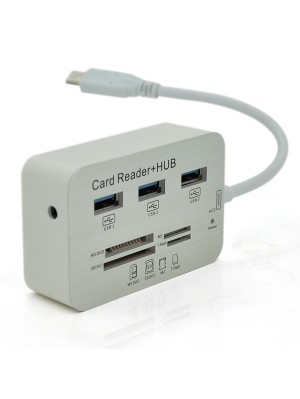 Хаб Type-C алюмінієвий, 3 порти USB 3.0 + Card Reader, 20 см, White