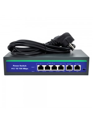 Комутатор POE 48V з 4 портами POE 100Мбит + 2 порт Ethernet (UP-Link) 100Мбит, корпус - метал, Black, БП вcтроенний