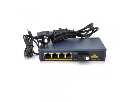 Комутатор POE 48V / 57V 4 портів PoE +1 порт Ethernet FX 155 Мбіт / с (UP-Link) A, 802.3af, Black, БП в комплекті, (238 * 190 * 96) 0.79 кг (152 * 85 * 30)