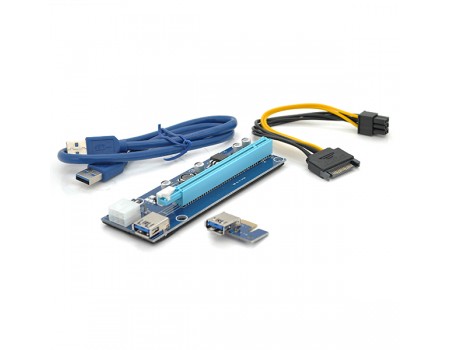 Riser PCI-EX, x1 => x16, 6-pin, SATA => 6Pin, USB 3.0 AM-AM 0,6 м (синій), конденсатори CS 220 16V
