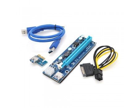 Riser PCI-EX, x1=>x16, 6-pin, SATA=>6Pin, USB 3.0 AM-AM 0,6 м (синій) , конденсатори 270