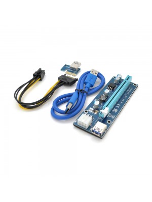 Riser PCI-EX, x1=>x16, 6-pin, SATA=>6Pin, USB 3.0 AM-AM 0,6 м (синій), конденсатори FP5K
