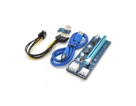 Riser PCI-EX, x1=>x16, 6-pin, SATA=>6Pin, USB 3.0 AM-AM 0,6 м (синій), конденсатори FP5K