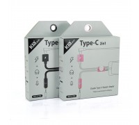 Переходник 2 в 1 KY-174 Type-C(M) =>Type-C(F) + Jack 3.5mm(F), 5см, White/Pink, Box