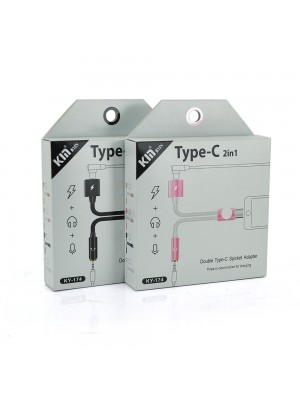 Переходник 2 в 1 KY-174 Type-C(M) =>Type-C(F) + Jack 3.5mm(F), 5см, White/Pink, Box