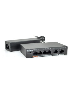 Комутатор POE  Dahua DH-PFS3006-4ET-60 з 4 портами POE 100Мбит + 2 порта Ethernet (UP-Link) 100Мбит, корпус - метал, Black, БП в комплекті