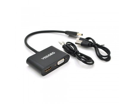 Конвертер VEGGIEG H-V500 HDMI (папа) на VGA(мама) + HDMI (мама), 25cm, Black, Пакет