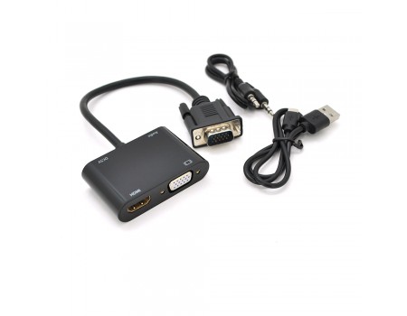 Конвертер VEGGIEG V2-H VGA (папа) на VGA(мама) + HDMI (мама), 25cm, Black, Пакет