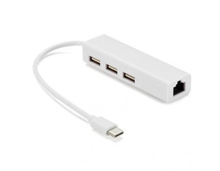 Хаб-конвертор Type-C to Ethernet Сетевой адаптер 10/100Mbps с проводом + 3 порта USB2.0, White, Blister-Box