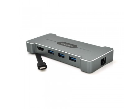 Хаб-конвертор VEGGIEG TC06 Type-C (папа) на Type-C(мама) + USB3.0*3(мама) + HDMI(мама) + RJ45, Silver, Box