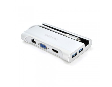 Хаб-конвертор VEGGIEG TC07-S Type-C (тато) на Type-C (мама) + USB3.0 * 3 (мама) + HDMI (мама) + SD/TF, 10см, Silver