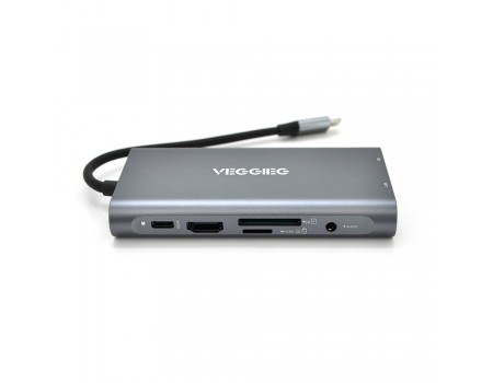 Хаб-конвертор VEGGIEG TC10-U Type-C (папа) на Type-C(мама) + USB3.0*3(мама) + HDMI(мама) + VGA(мама) + SD/TF + RJ45, 10 см, Silver, Box