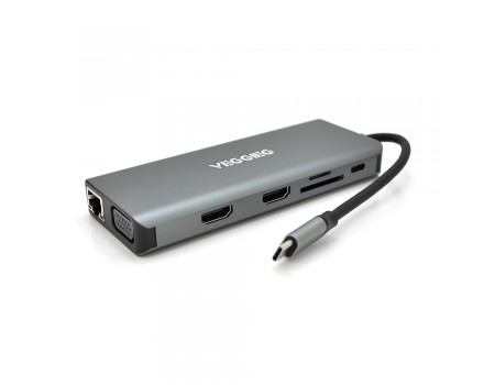 Хаб-конвертор VEGGIEG TC12 Type-C (папа) на Type-C(мама) + USB3.0*4(мама) + HDMI*2(мама) + VGA(мама) + SD/TF + RJ45, 10 см, Silver, Box