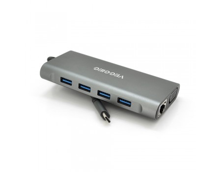 Хаб-конвертор VEGGIEG TC11-S Type-C (папа) на Type-C(мама) + USB3.0*3(мама) + HDMI(мама) + jack3.5(мама) + SD/TF + RJ45, 10 см, Silver, Box