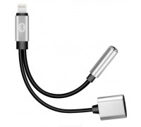 Переходник 2 в 1 Y026 Lighting(M) =>Lighting(F) + Jack 3.5mm(F), 5см, Black/Silver, Box