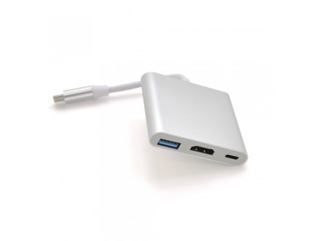 Конвертер Type-C (тато) на HDMI (мама) + USB 3.0 (мама) + Type-C (мама) 10cm, Silver, 4K / 2K Пакет