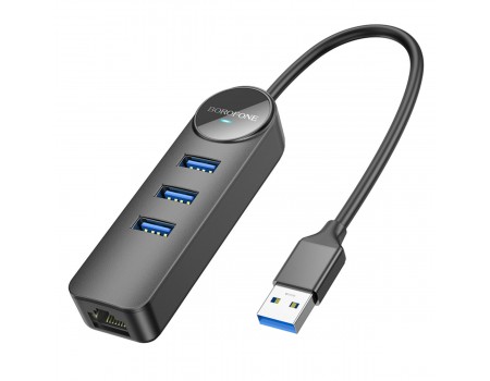 Адаптер Borofone DH6 Erudite 4-in-1 Gigabit Ethernet Adapter(USB to USB3.0*3+RJ45)(L=0.2M) Black