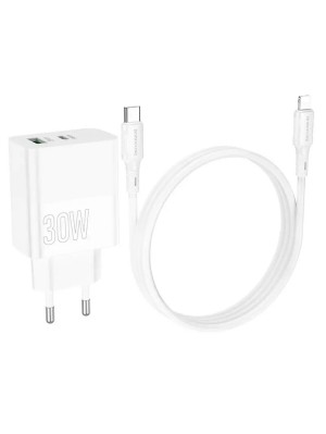 Сетевое зарядное устройство BOROFONE BA75A Powerful dual port PD30W+QC3.0 charger set(C to iP) White