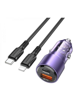 Автомобільний зарядний пристрій BOROFONE BZ20A Smart 83W dual port PD65W+QC3.0 car charger set(C to iP) Transparent Purple