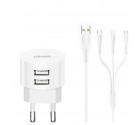 Зарядное устройство сетевое USAMS Kit Sing-Tu Dual USB Round Travel 3IN1 cable T20 |2USB, 2.1A|