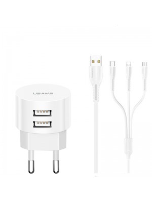 Зарядное устройство сетевое USAMS Kit Sing-Tu Dual USB Round Travel 3IN1 cable T20 |2USB, 2.1A|