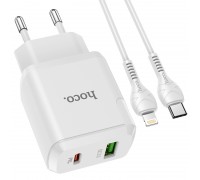 Зарядное устройство сетевое HOCO Type-C to Lightning Cable Favor dual port N5 |1USB/1Type-C, PD20W/QC3.0, 3A| (Safety Certified)