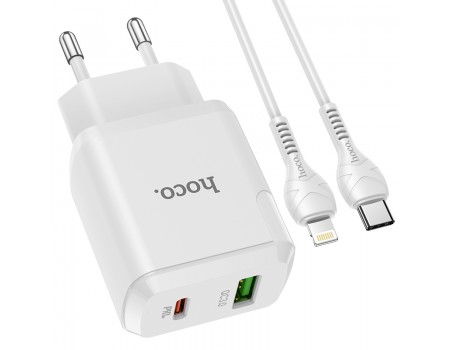 Зарядное устройство сетевое HOCO Type-C to Lightning Cable Favor dual port N5 |1USB/1Type-C, PD20W/QC3.0, 3A| (Safety Certified)