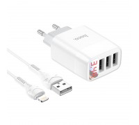 Зарядное устройство сетевое HOCO Lightning cable Easy charge digital display charger set C93A |3USB, 3.4A|