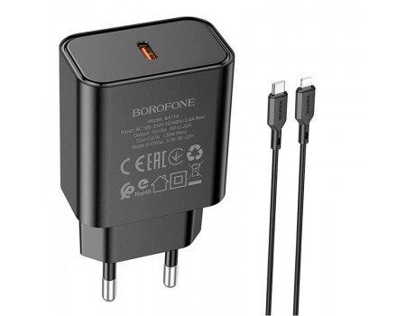 Зарядное устройство сетевое BOROFONE Type-C to Lightning Cable Power single port charger set BA71A |1Type-C, 20W/3A, PD/QC|