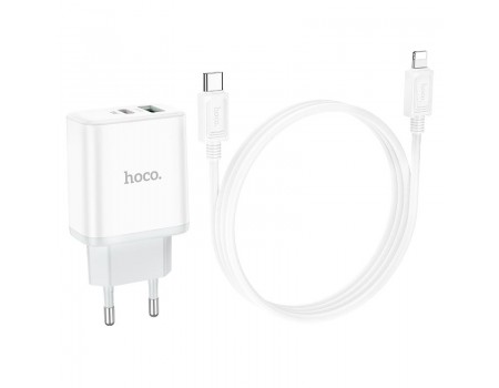 Зарядное устройство сетевое HOCO Type-C to Lightning Cable Stage dual port charger set C105A |1USB/1Type-C, 20W/3A, PD/QC|