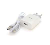 Набор СЗУ 110-240V HOCO C81A 1xUSB+ кабель Lighting, 2.1A, кабель 1м, White, Blister