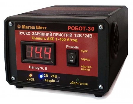 Пуско-зарядное ЗУ РОБОТ-30 для аккумуляторов 12/24V (1-400Ah) (MF, WET,AGM,GEL,CA/CA), 160-245V,Ток заряда 20А, крокодилы в комплекте