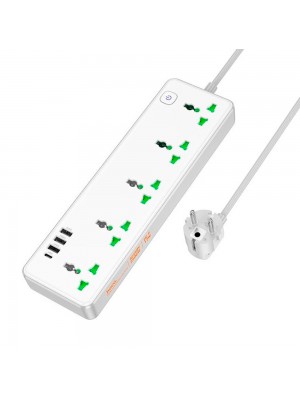 Сетевой фильтр HOCO AC13A на 5 розеток + 3 USB + USB-C, 17W, 220В, кабель 1,5м, White, Box