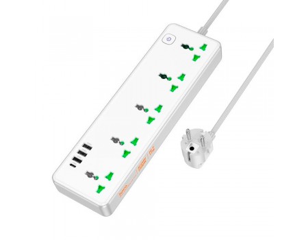 Сетевой фильтр HOCO AC13A на 5 розеток + 3 USB + USB-C, 17W, 220В, кабель 1,5м, White, Box