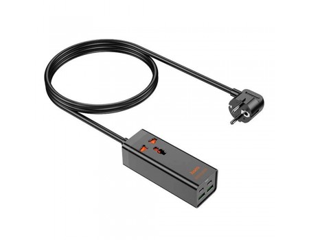 Сетевой фильтр HOCO AC10A на 1 розетку + 2 USB+ 2 USB-C, 65W, кабель 1,5м, 220В, Black, Box