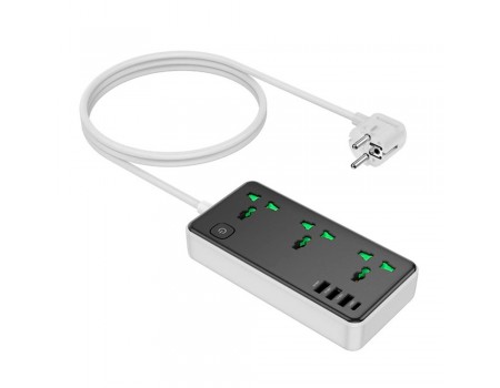 Сетевой фильтр HOCO AC7A на 3 розетки + 3 USB+USB-C, 17W, 220В, кабель 1,5м, Black/White, Box