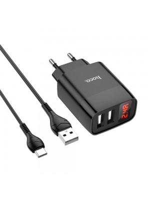 Набор СЗУ 110-240V HOCO C86A+ кабель Type-C, 2xUSB, 2.4A, кабель 1м, Black, Box