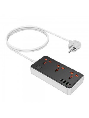 Сетевой фильтр HOCO AC8A на 3 розетки + 3 USB+USB-C, 30W, 220В, кабель 1,5м, Black/White, Box