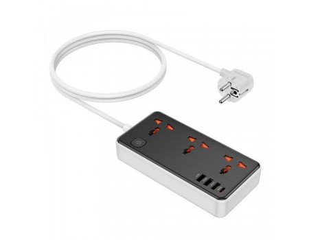 Сетевой фильтр HOCO AC8A на 3 розетки + 3 USB+USB-C, 30W, 220В, кабель 1,5м, Black/White, Box