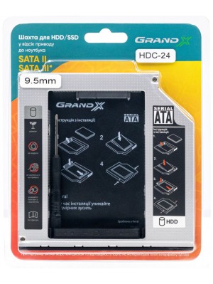 Адаптер Grand-X для подключения HDD 2.5" в отсек привода ноутбука SATA/SATA3 Slim 9.5мм (HDC-24)