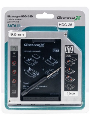 Адаптер Grand-X для подключения HDD 2.5" в отсек привода ноутбука SATA3 Slim 9.5мм (HDC-26)
