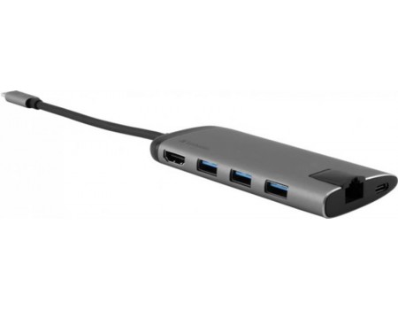 Концентратор USB-C Verbatim USB-C/3хUSB3.0/HDMI/SD/mSD/RJ45 (49142), Silver/Black