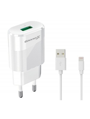 Мережевий зарядний пристрій Grand-X (1xUSB 2.1А) White (CH-17WL) із захистом від навантаження + кабель Lightning