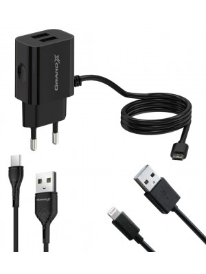 Сетевое зарядное устройство Grand-X (2xUSB 3.1А) Black (CH65LT) + кабель USB-C/microUSB/Lightning