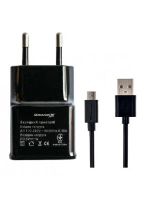 Сетевое зарядное устройство Grand-X (1xUSB 1A) Black (CH-765UMB) + кабель microUSB